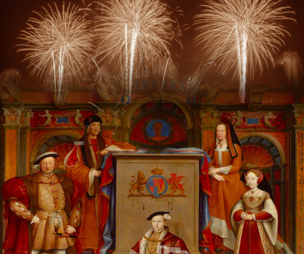 Court painting of Henry VII and Queen with fireworks